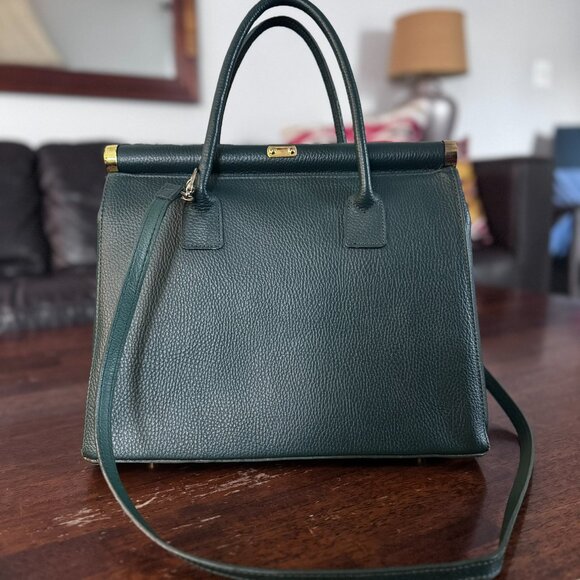 Italian Green Leather Satchel – Structured Top Handle Bag w/ Gold Tone Hardware - Picture 2 of 9